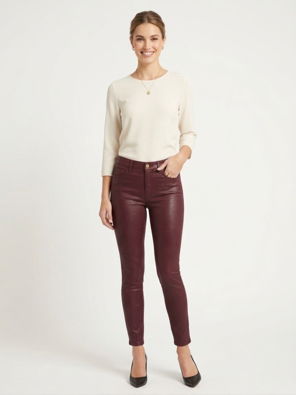Jen7 by 7 For All Mankind Burgundy Skinny Jeans Sz 6 Coated Look Stretch Denim